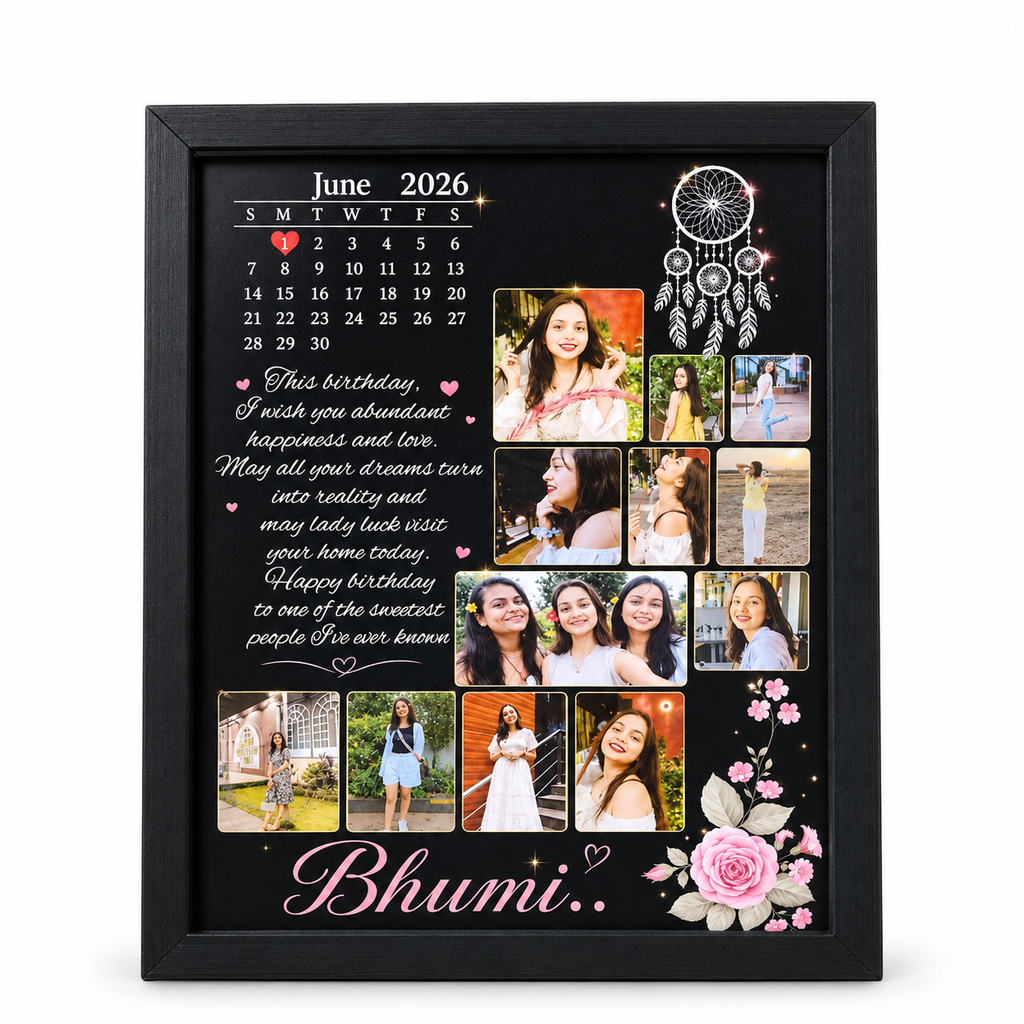Personalized Birthday Calendar Photo Collage Frame with Name, Message & 12 Photos